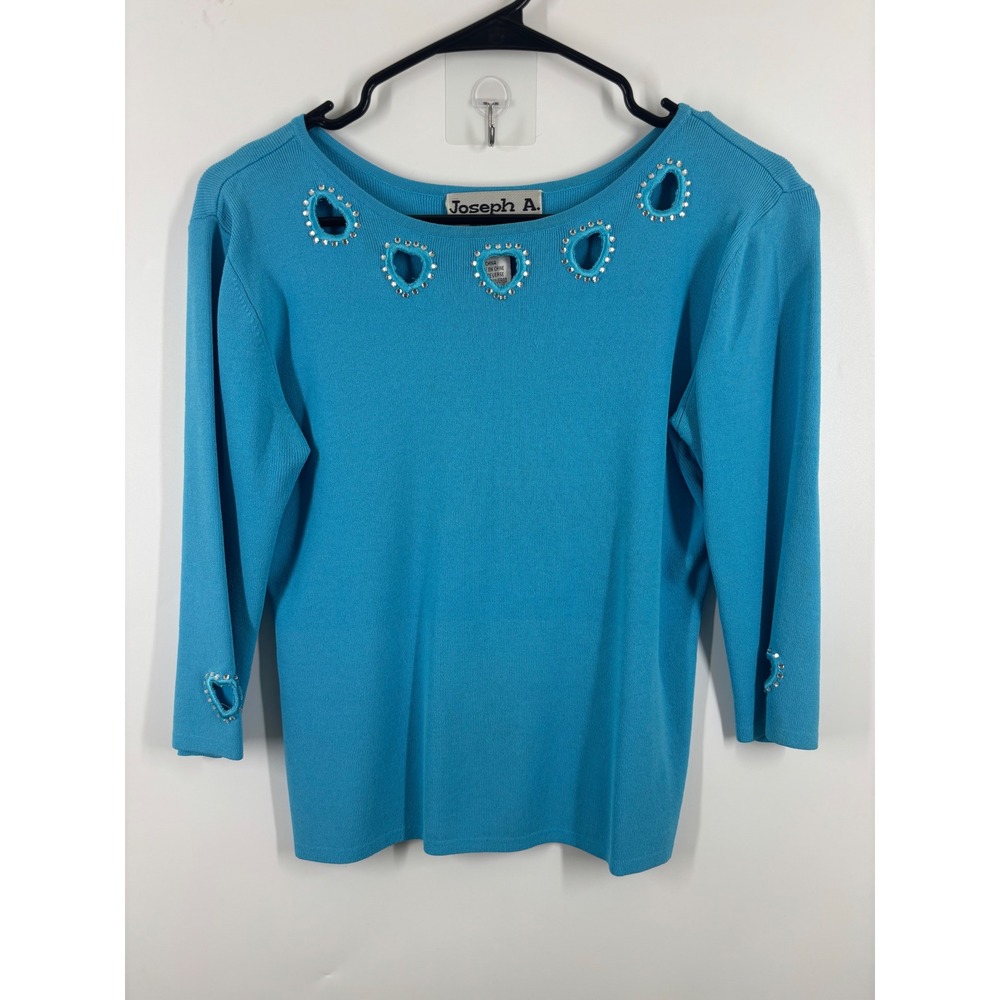 Joseph A Turquoise Blue Rhinestone Heart Cutout Knit Sweater Size L